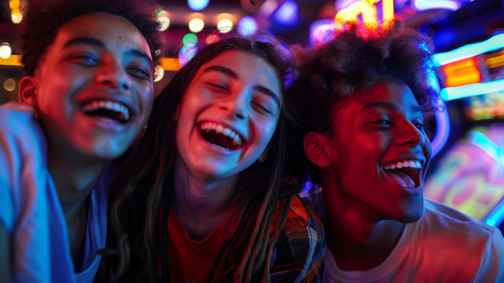 diverse group of kids having fun in an arcade